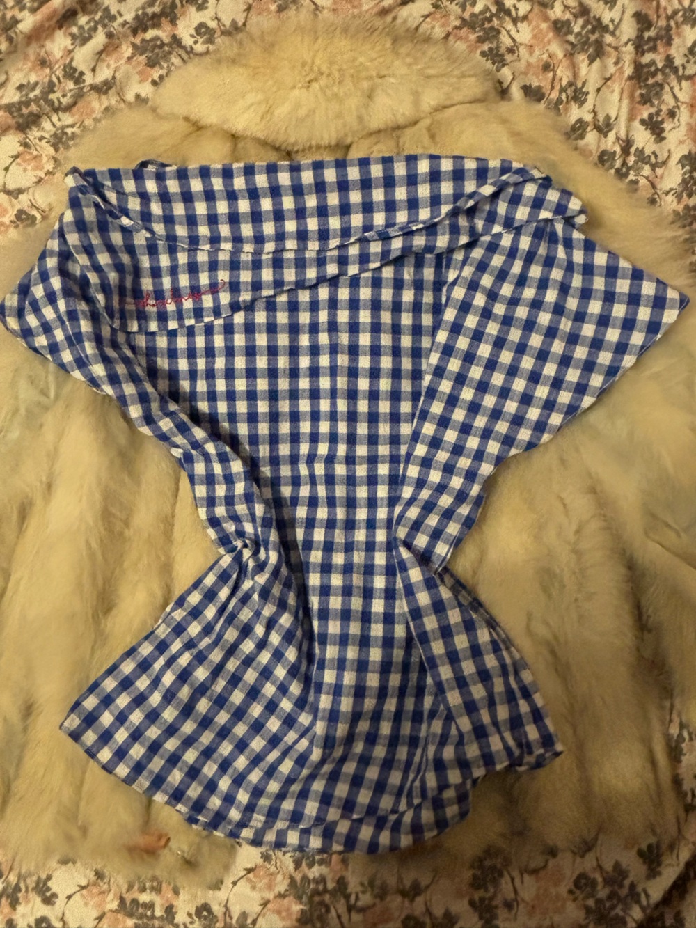 SHOUJO GIRL Gingham Blue and White Off One Shoulder Asymmetrical Short Sleeve